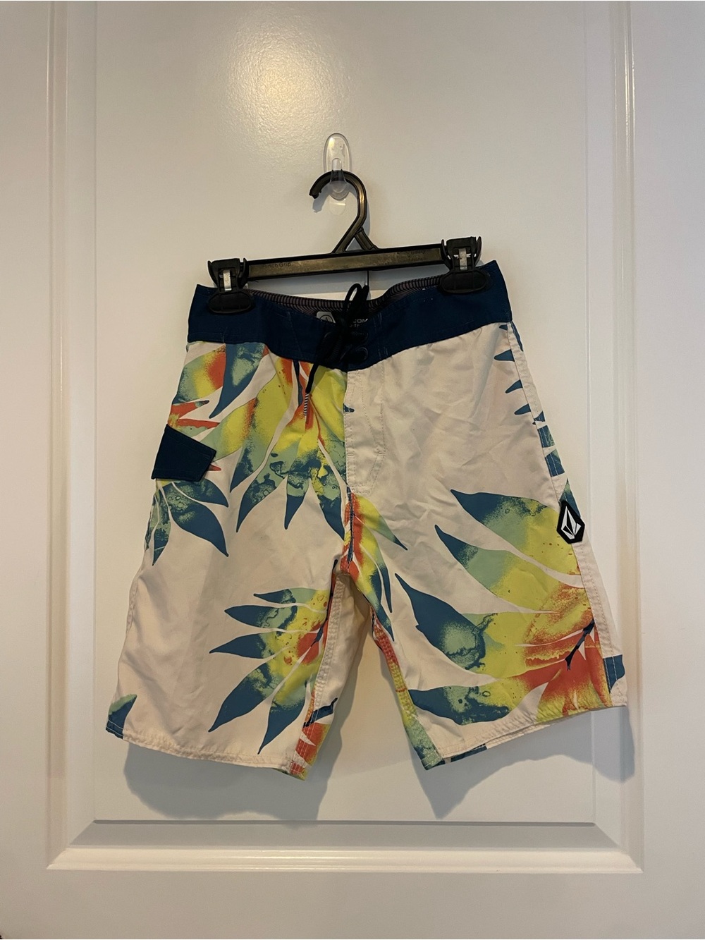 Volcom White Boardshorts with Blue, Green & Orange Tropical Print